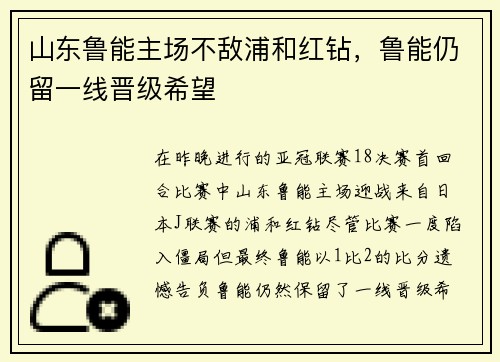 山东鲁能主场不敌浦和红钻，鲁能仍留一线晋级希望
